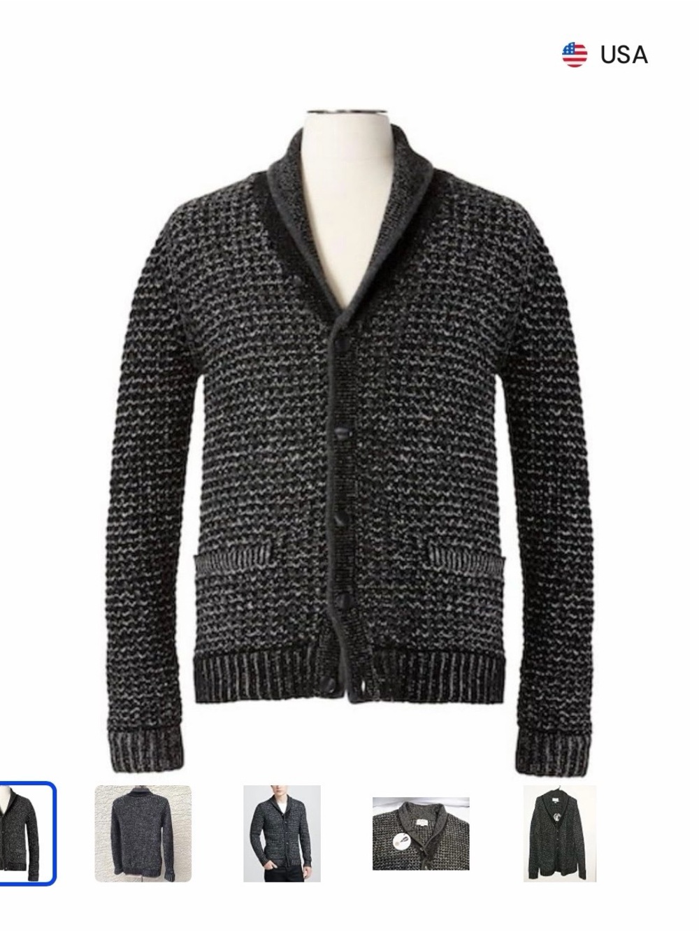 rag & bone Men's Black Charcoal Marled Shawl Cardigan